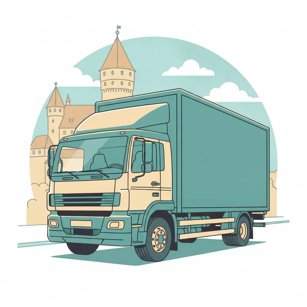 Comic-Illustration: geschlossener Umzugstransporter erreicht Nürnberg – Beiladung von Köln nach Nürnberg