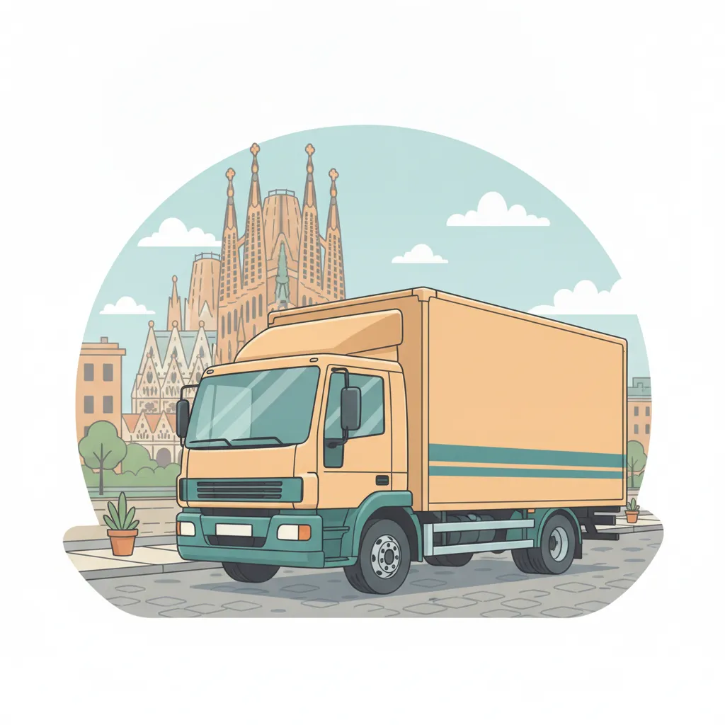 Comic-Illustration: geschlossener Umzugstransporter erreicht Spanien – Beiladung von Köln nach Spanien