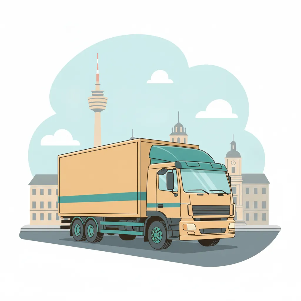 Comic-Illustration: geschlossener Umzugstransporter erreicht Stuttgart – Beiladung von Köln nach Stuttgart