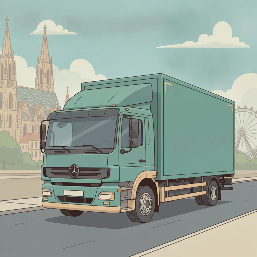 Comic-Illustration: geschlossener Umzugstransporter erreicht Wien – Beiladung von Köln nach Wien
