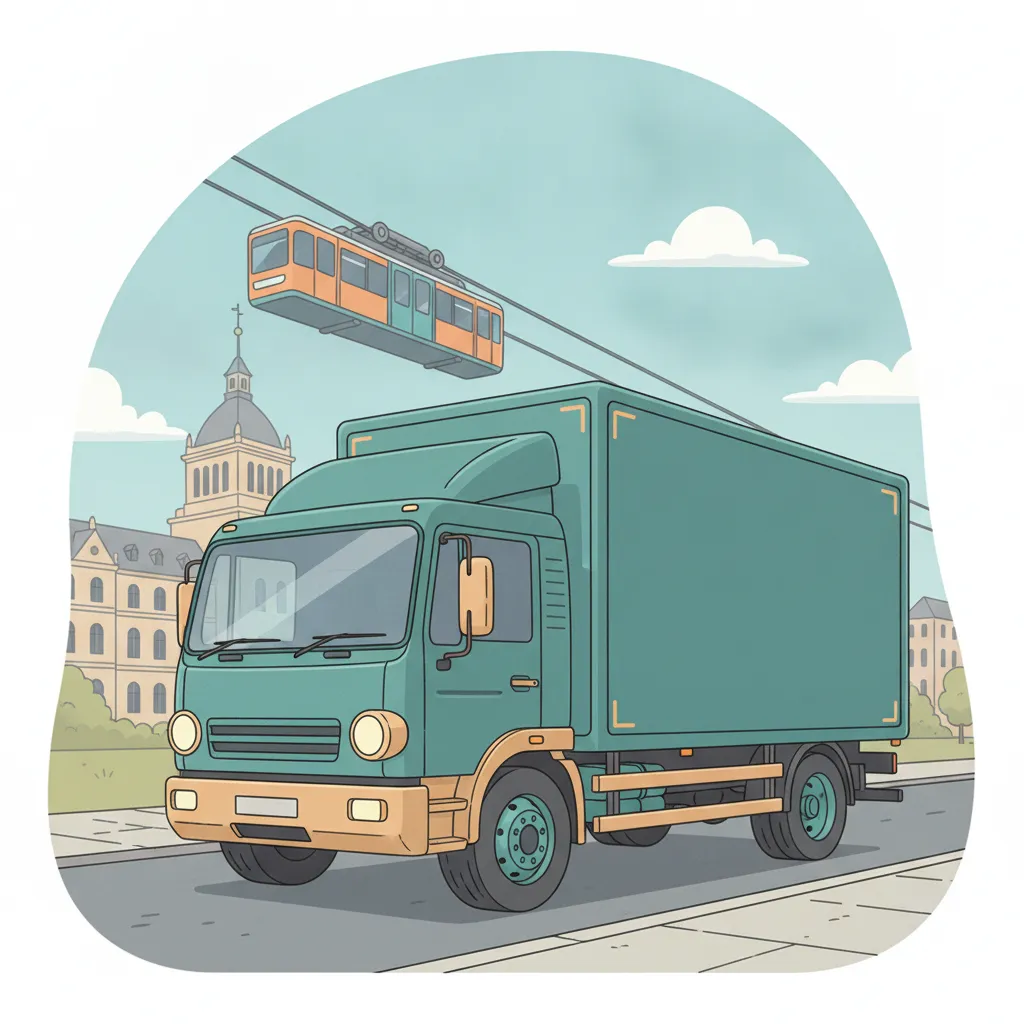 Comic-Illustration: geschlossener Umzugstransporter erreicht Wuppertal – Beiladung von Köln nach Wuppertal